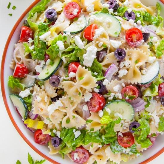 20-Minute Greek Pasta Salad - Recipe photo by BakerbyNature