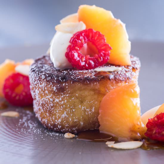Poached peach and almond pain perdu - Recipe photo by MeccaGBC
