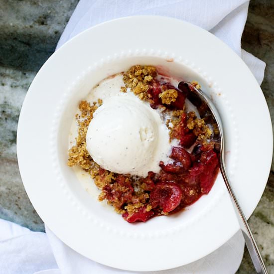 Rhubarb Strawberry Cherry Crisp - Recipe photo by Cupsandspoonfuls
