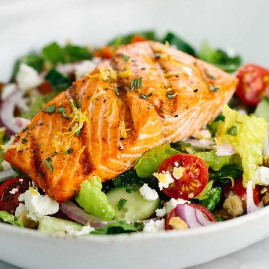 Grilled Salmon Greek Salad - Recipe photo by Jessica Gavin