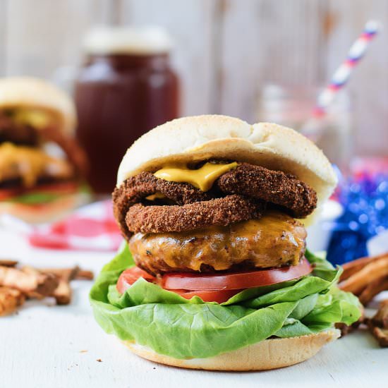 Cheddar Onion Ring Burger - Recipe photo by Food Gays