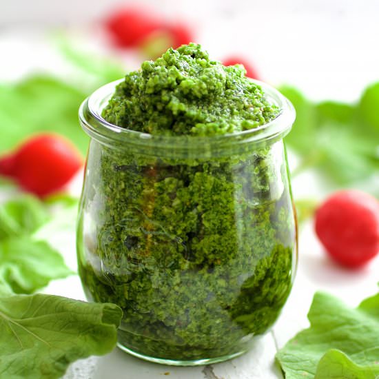 Radish Greens Pesto - Recipe photo by fromachefskitchen