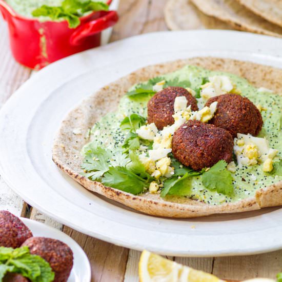 Beet Falafel with Mint Tzatziki - Recipe photo by WhatJewWannaEat
