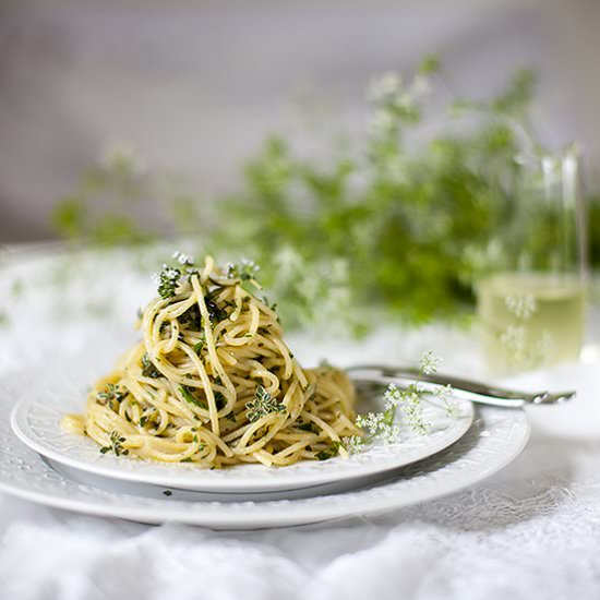 Pasta with fresh herbs and blossoms - Recipe photo by bitebymichelle