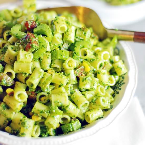 Roasted Corn Pancetta Pesto Pasta - Recipe photo by thecharmingdetroiter