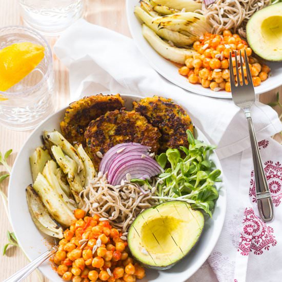 Sweet Potato Fritter BBQ Bowls - Recipe photo by thegirlonbloor