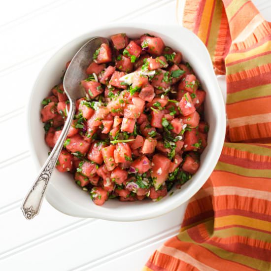 Spicy Watermelon Spinach Salad - Recipe photo by VeggiePrimer