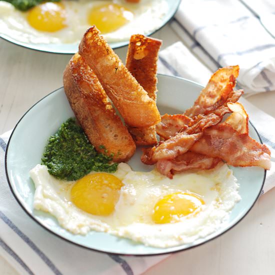 Garlic Fried Eggs with Kale Pesto - Recipe photo by thecharmingdetroiter