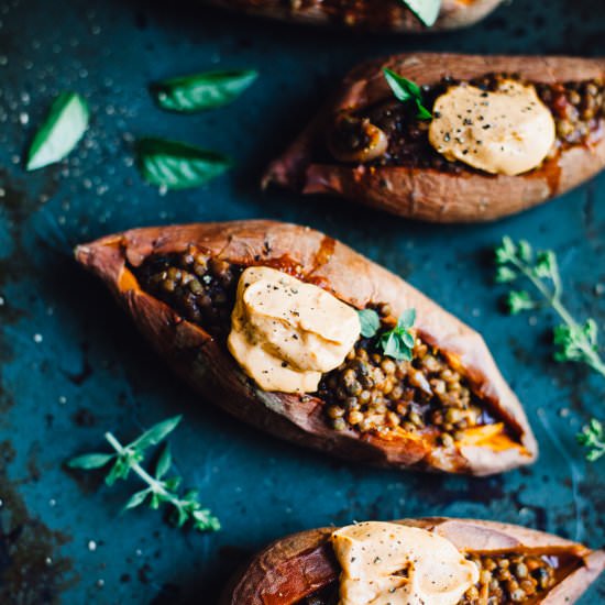 Lentil Sloppy Joe Sweet Potatoes - Recipe photo by frolic chocolate