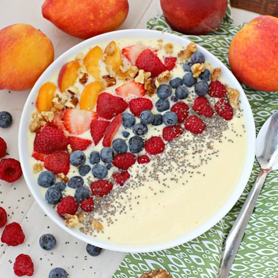 Peaches and Cream Smoothie Bowl - Recipe photo by Kitchen Simmer