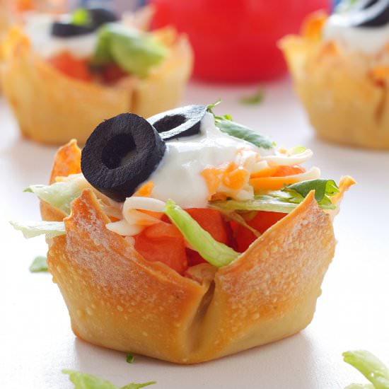 Mexican Taco Dip Wonton Cups - Recipe photo by busybakerblog