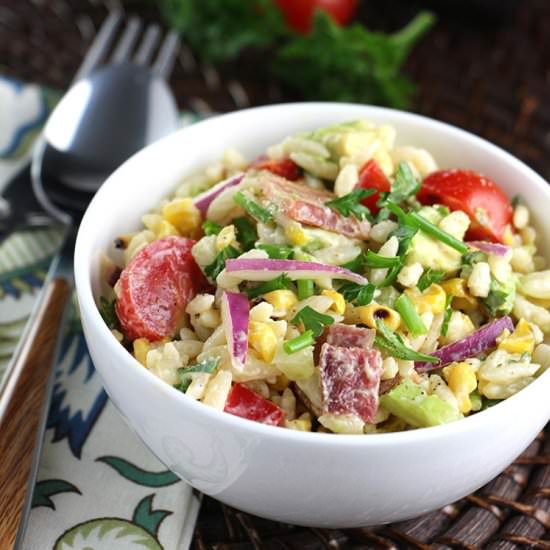 Orzo Bacon & Charred Corn Salad - Recipe photo by EatInEatOut Magazine