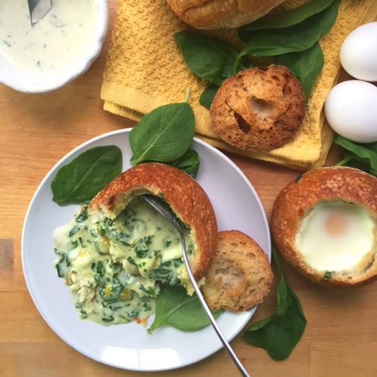 Creamy Spinach and Egg Bread Bowls - Recipe photo by Seasonly Creations