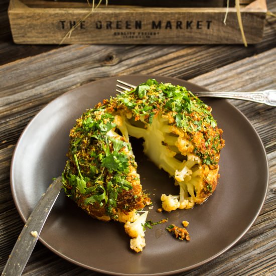 Vegan Roasted Whole Cauliflower - Recipe photo by PantsDownApronsOn