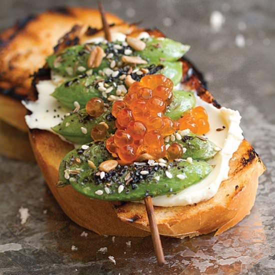 Grilled Snap Pea Toasts - Recipe photo by SippitySup