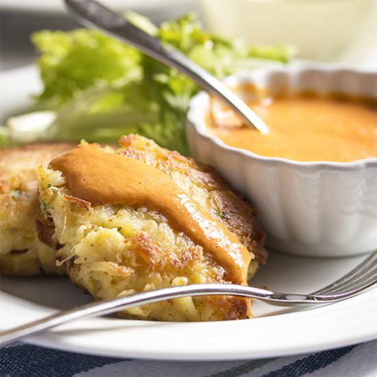 Crab Cakes with Red Pepper Sauce - Recipe photo by justalittlebitofbacon