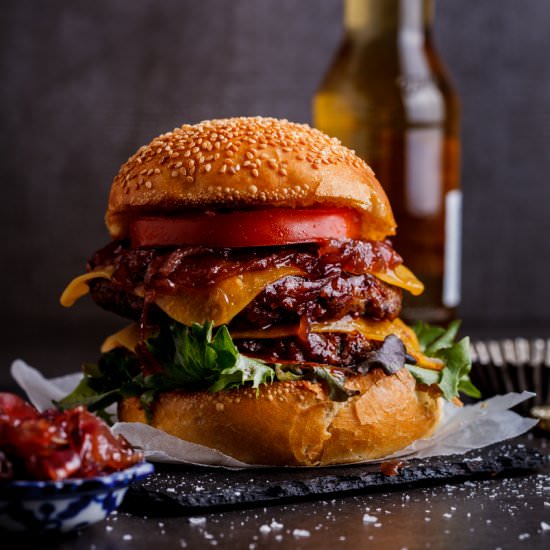 Bourbon-basted cheese burgers - Recipe photo by Simply Delicious