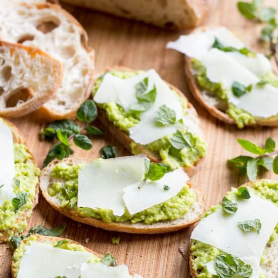 Fava Bean Crostini, Pecorino + Mint - Recipe photo by ColeyCooks