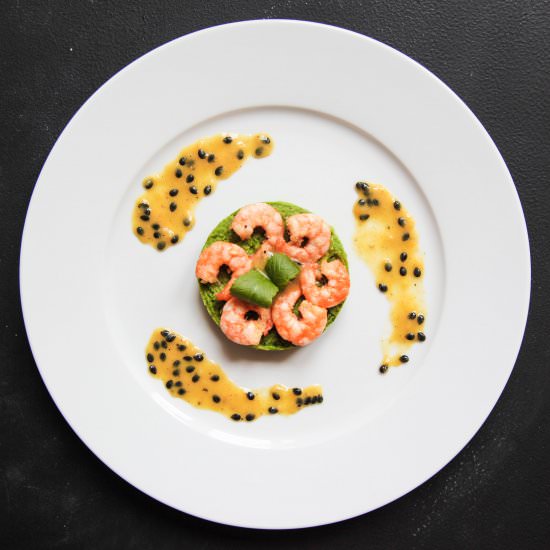 Prawns, Pea Puree and Passion Fruit - Recipe photo by Berries And Spice