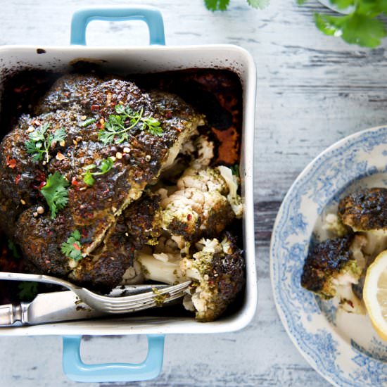 Whole Roasted Cauliflower - Recipe photo by FoodPornVeganStyle
