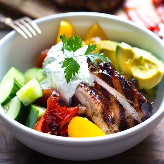 Grilled Chicken Souvlaki Bowl - Recipe photo by Feasting at Home