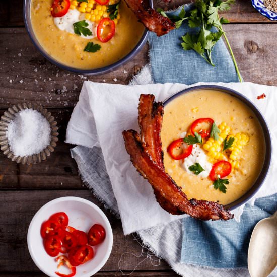 Corn chowder with bacon dippers - Recipe photo by Simply Delicious