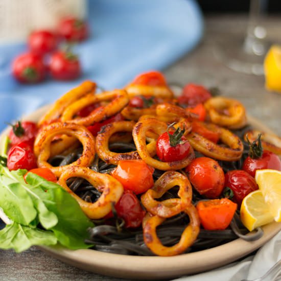Squid Ink Pasta with Calamari - Recipe photo by rollingspoons