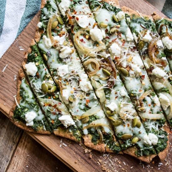 Three Cheese Spinach Pesto Pizza - Recipe photo by lemonsandbasil