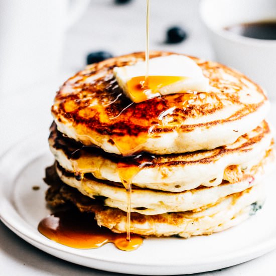 Sweet Corn and Blueberry Pancakes - Recipe photo by thewholebite