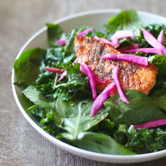 Salmon Kale & Tahini Vinaigrette - Recipe photo by SweetPillarFood