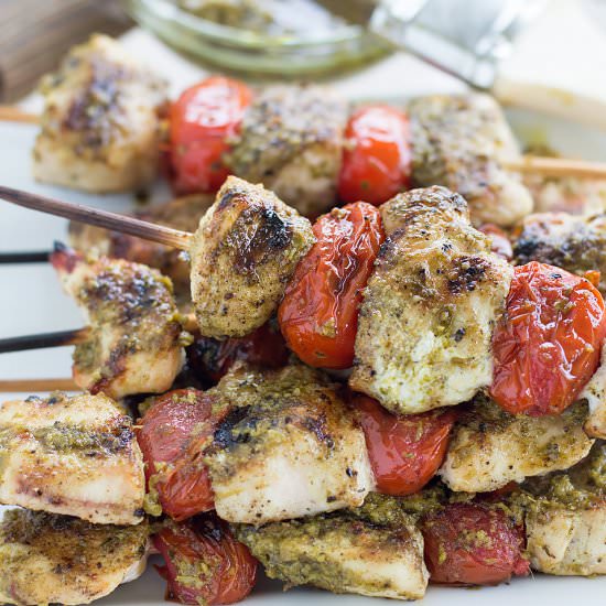 Greek Chicken Skewers with Pesto - Recipe photo by Savory Spicerack