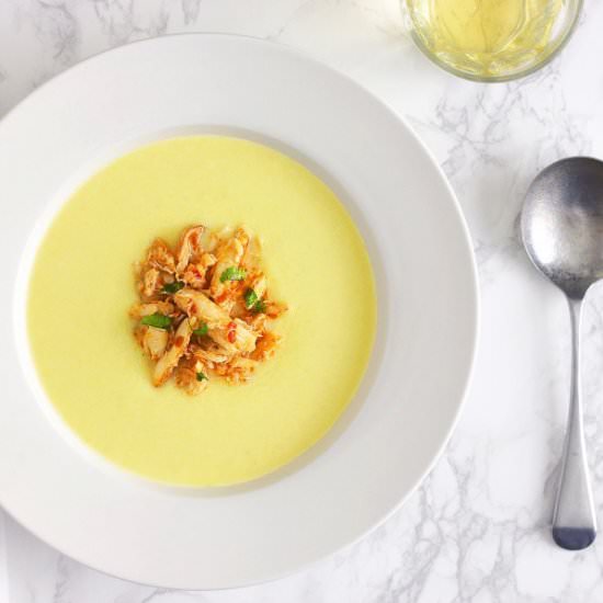 Vichyssoise with Chilli Crab - Recipe photo by aforkandapencil
