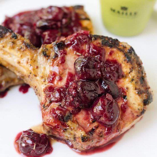 Grilled Pork Chops + Cherry Sauce - Recipe photo by stripedspatula