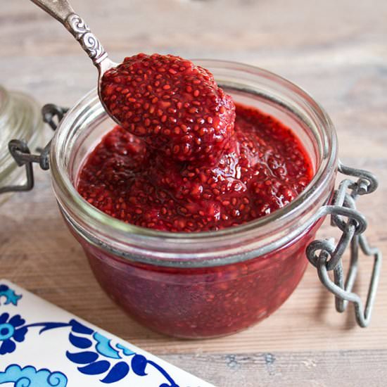 Raw Raspberry Vanilla Chia Jam - Recipe photo by Sugar Free Londoner