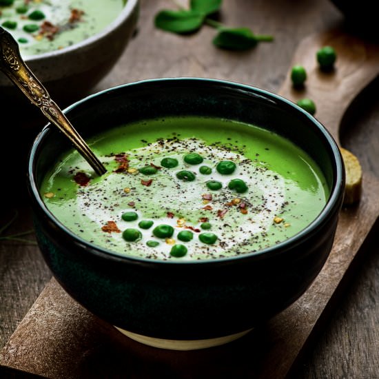 Roasted Garlic Green Peas Soup - Recipe photo by Binjals VEG Kitchen