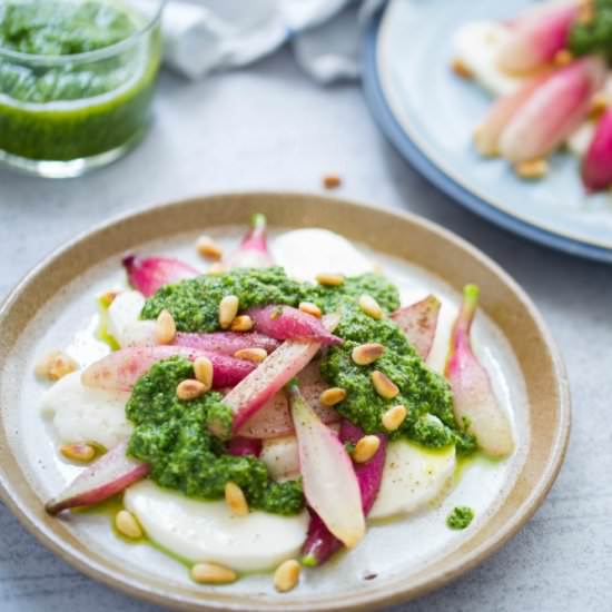 Radish Mozzarella Caprese w/ Pestou - Recipe photo by VibrantFoodStories