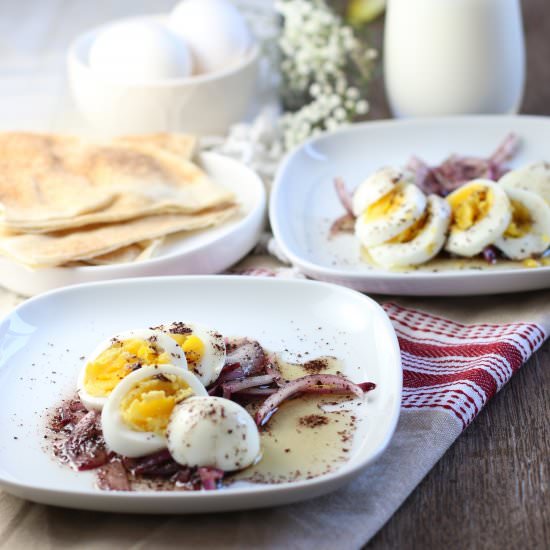Eggs in Sumac Onion Dressing - Recipe photo by SweetPillarFood