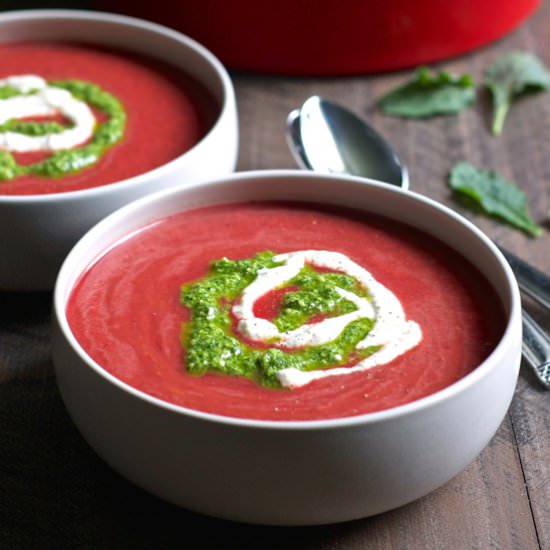 Chilled Tomato Beet Soup with Pesto - Recipe photo by turniptheoven