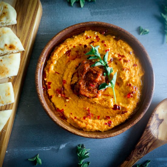 Sun-Dried Tomato Hummus with Feta - Recipe photo by loveandrisotto