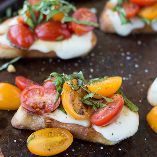 Bruschetta with Melted Mozzarella - Recipe photo by Savory Spicerack