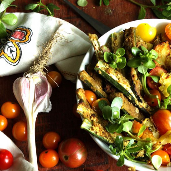 Lemony Smashed Potatoes with Okra - Recipe photo by beetsandberries