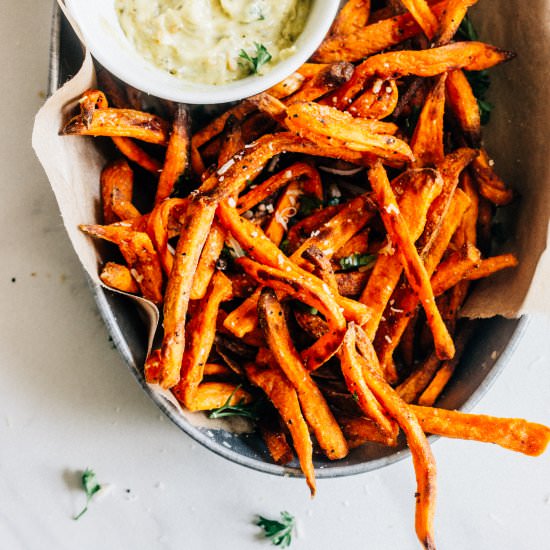 Garlic Parmesan Sweet Potato Fries - Recipe photo by thewholebite