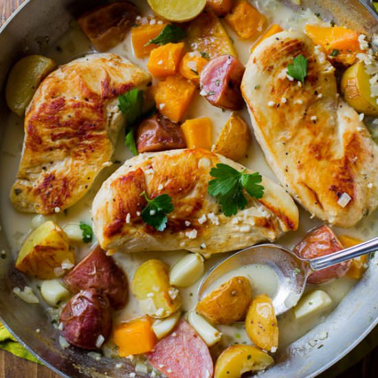 Skillet Chicken with Creamy Garlic Sauce - Recipe photo by sallysbakingaddiction