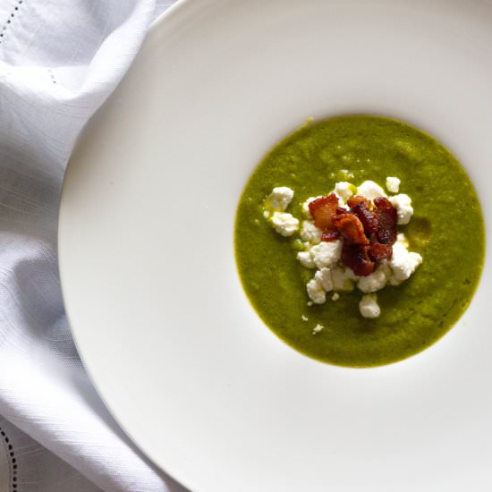 Broccoli Soup+Goat Cheese+Lardon - Recipe photo by masappetit