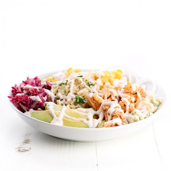 Crockpot Buffalo Chicken Buddha Bow - Recipe photo by veggiebalance
