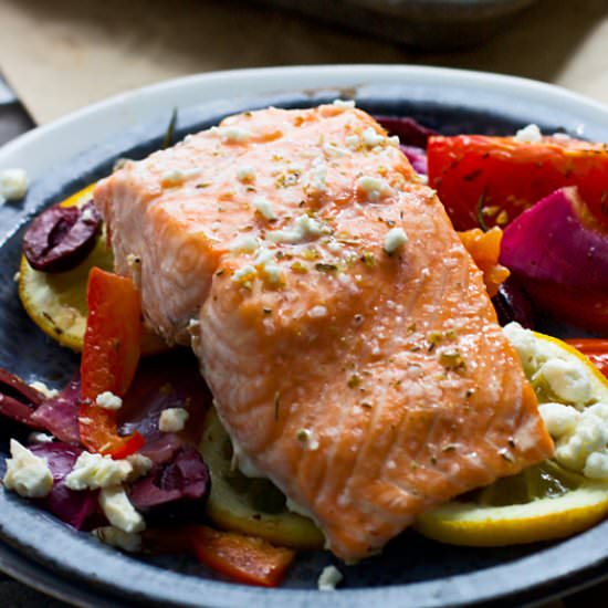 One Pan Greek Salmon - Recipe photo by cookingforkeeps