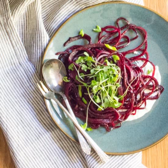 Beet Noodles with Whipped Feta - Recipe photo by TheWimpyVegetarian