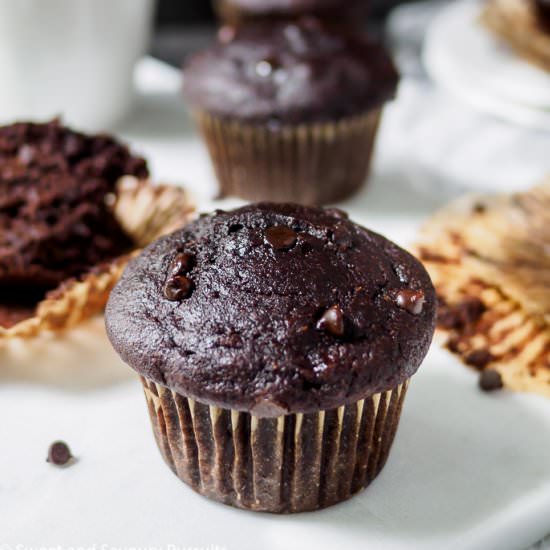 Whole Wheat Double Chocolate Banana Muffins - Recipe photo by sweetandsavourypursuits