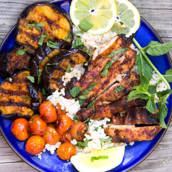 Grilled Harissa Chicken Rice Bowl - Recipe photo by panning the globe