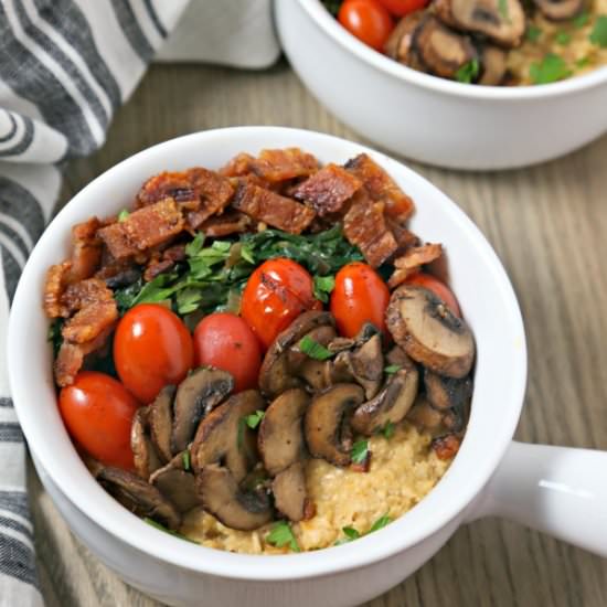 Savory Oatmeal with Bacon, Spinach - Recipe photo by CookingInStilettos